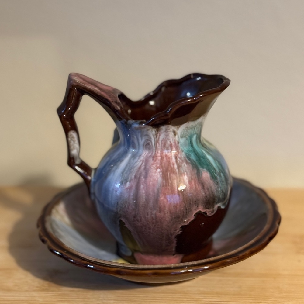 Vintage Mini Drip Glaze Multicolor Pottery Pitcher and Bowl Set